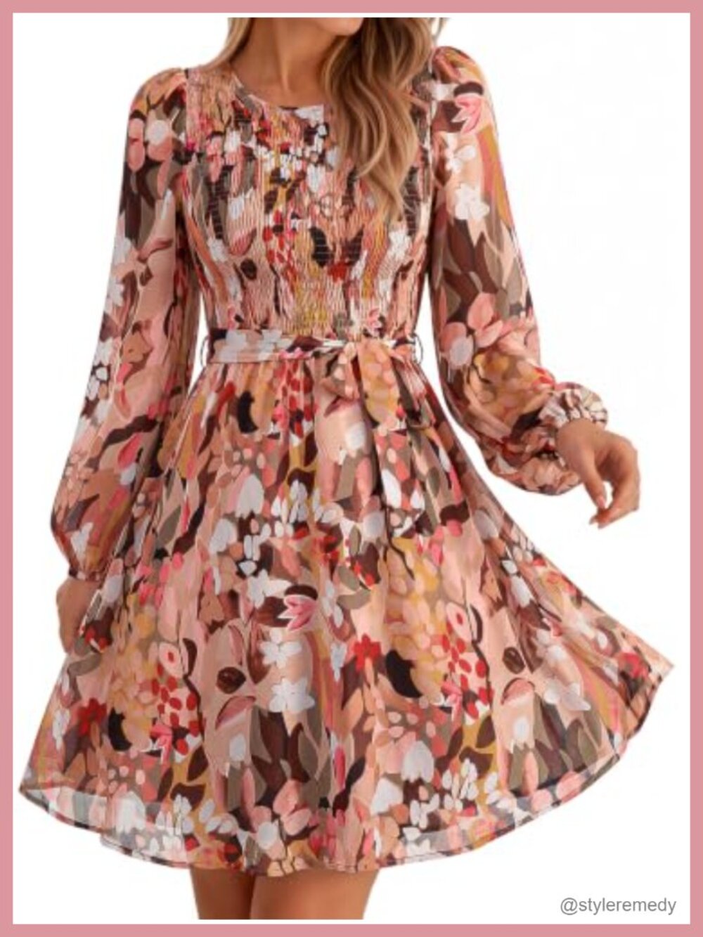 Floral Chiffon Smocked Long Sleeve Mini Dress